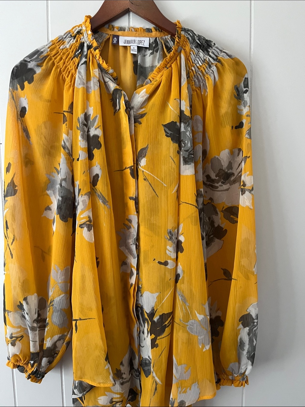 Jennifer Lopez Mustard Yellow Floral Long-Sleeve Peasant Blouse